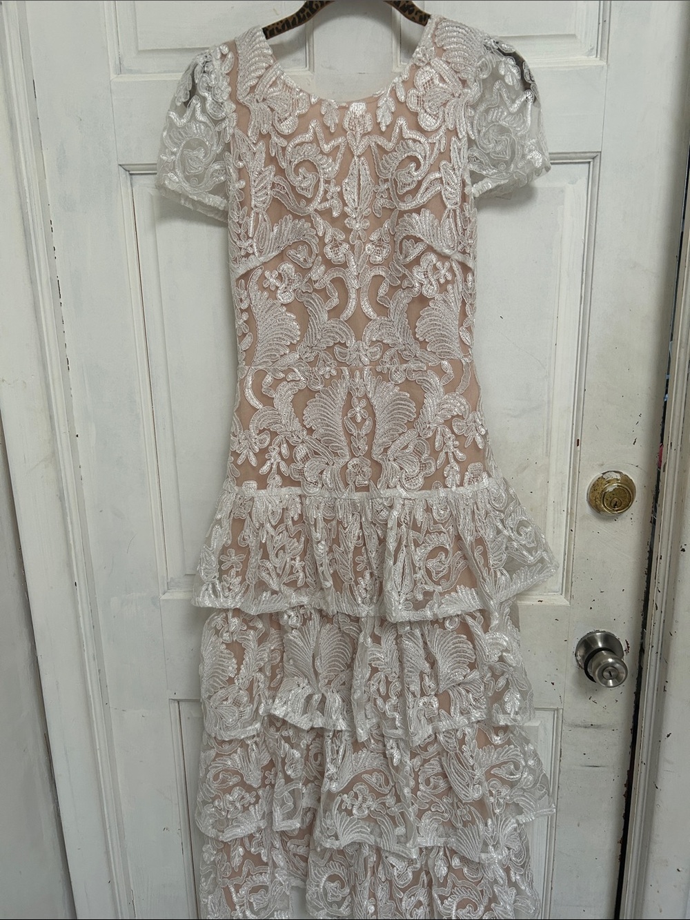 NWOT Just Me Blush Nude Lined White Lace Tiered Maxi Dress- Small